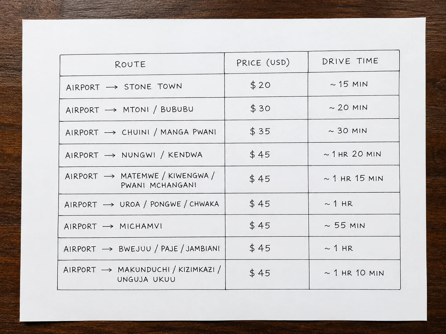 ''zanzibar taxi prices''